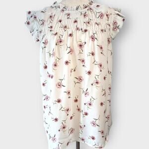 Monteau Los Angeles White w/ Pink Floral Flutter Cap Sleeve Blouse, Women’s M